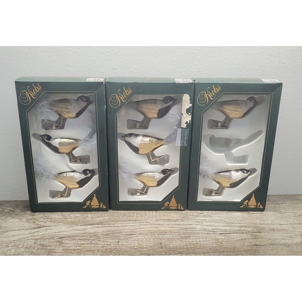 Vtg Krebs Bird Clip-On Christmas Glass Ornaments Lot 8 in Box Silver Black Gold